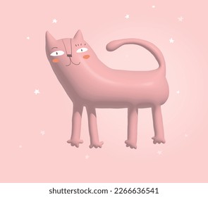 La Mano Corta Dibuja La Impresión Kitty. Ilustración vectorial simple con juguete gato rosado inflado, estrellas blancas en un fondo rosado pastel. Impresión gitana dulce rosa ideal para el arte de la pared, afiche, decoración.
