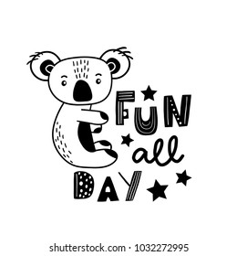 Cute hand drawn koala in black and white style. Cartoon koala vector illustration in scandinavian style