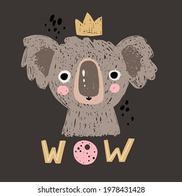 Cute hand drawn koala vector sketch in cartoon style for nursery goods, textile. Print on a tshirt template. Australian marsupial animal.