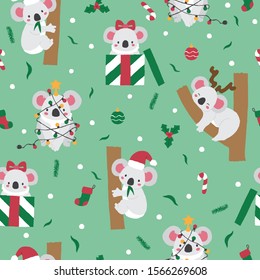 Cute hand drawn koala in winter seamless pattern