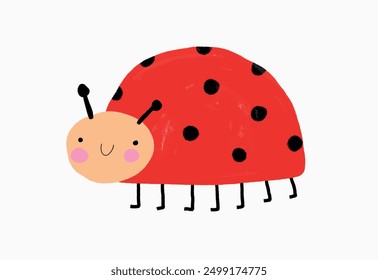 Linda mariquita dibujada a mano. Ilustraciones vectoriales con Smiling Ladybird. Mariquita feliz en un fondo blanco. Arte vectorial de vivero simple ideal para el arte de la pared, tarjeta, cartel. Decoración de la habitación de los niños.