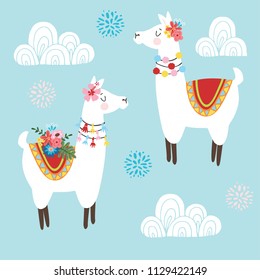 Cute hand drawn lama alpaca or guanaco with ornametal clouds and flowers. Tribal kids South American design. Vector illustration background.