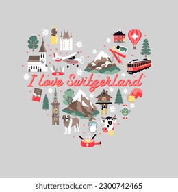 Cute hand drawn landmarks of Switzerland arranged in the shape of heart. I love Switzerland lettering