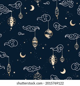 Cute hand drawn lantern hanging in the sky, seamless pattern, chinese clouds, moon and stars, great for background, wallpapers, wrapping, textiles - vector design