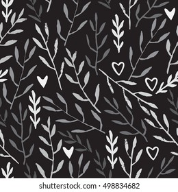 Cute hand drawn Leaves ornament. Monochrome Vector seamless pattern.
