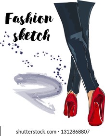 Cute hand drawn legs in green court shoes. Fashion accessories. Sketch. Vector illustration.