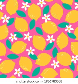 Cute hand drawn lemon, flower and leaf seamless pattern background.