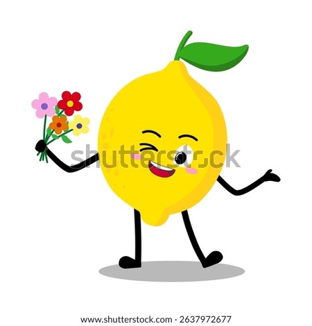 Cute Hand Drawn Lemon Holding a bunch of flower