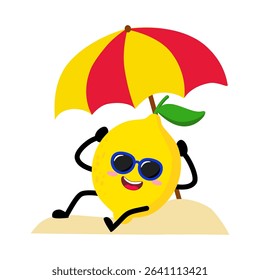 Cute Hand Drawn lemon relaxing at the beach