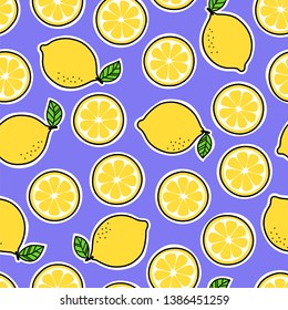 Cute hand drawn lemon seamless pattern on purple background.