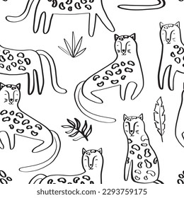 Leopardo dibujado a mano, rodeado de plantas tropicales. Ilustración vectorial de estilo de doodle dibujado a mano para su diseño