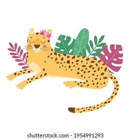 cute hand drawn leoprad with leaves, wild life animal, children illustration