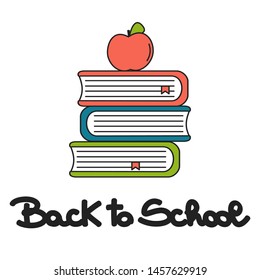 cute hand drawn lettering back to school quote with education equipment and apple vector illustration