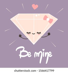 cute hand drawn lettering be mine romantic valentine vector card with cartoon character diamond