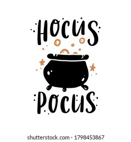 Cute hand drawn lettering Halloween quote by doodle sketch style  Vector illustration slogan Hocus Pocus for kids poster  children banner for school education 