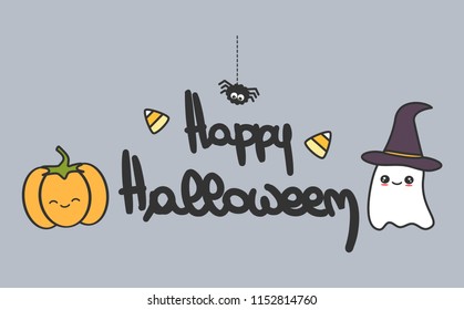 cute hand drawn lettering happy halloween vector banner with cartoon pumpkin, spider, ghost and candies