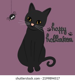 cute hand drawn lettering happy halloween text with cartoon character black cat and spider vector illustration for holiday season