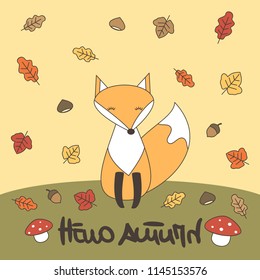 cute hand drawn lettering hello autumn vector card with fox, leaves, acorns, chestnuts and mushrooms