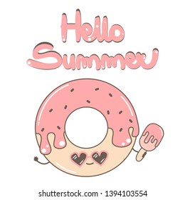 cute hand drawn lettering hello summer quote vector illustration card with funny donut with sunglasses and ice cream