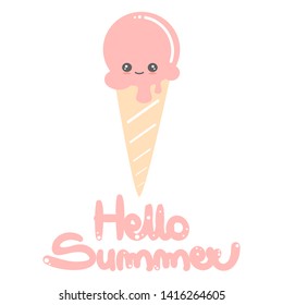 cute hand drawn lettering hello summer vector card with cartoon ice cream