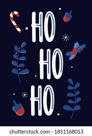 Cute hand drawn lettering ho ho ho christmas text vector card illustration background design with holidays symbols