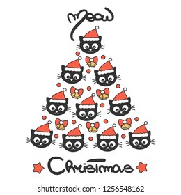cute hand drawn lettering meow christmas vector holiday card with cartoon cat wearing Santa's hat tree 