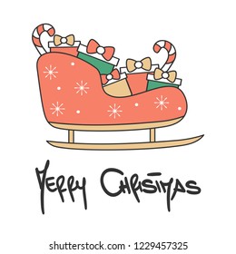 cute hand drawn lettering merry christmas vector greeting card with cartoon sleigh