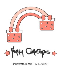 cute hand drawn lettering merry christmas vector card with cartoon gift box and rainbow