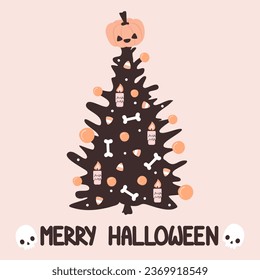 Cute hand drawn lettering merry halloween vector illustration with tree with spooky elements 