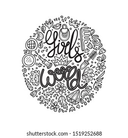 Cute hand drawn lettering with phrase Girls World. Illustration on feminism theme. Vector.