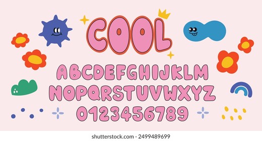 Cute hand drawn letters and numbers vector set. Groovy funky style alphabet with flower, cloud, rainbow, sparkle. Cartoon font for events, promotion, logo, banner, monogram, poster, sticker, print.