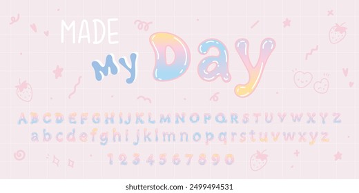 Cute hand drawn letters and numbers vector set. Bubble glossy style alphabet with doodle element. Cartoon font for events, promotion, logo, banner, monogram, poster, sticker, print.