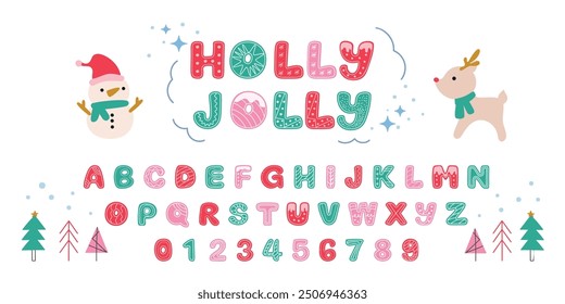 Cute hand drawn letters and numbers vector set. Christmas style alphabet with snowman, reindeer, doodle element. Cartoon font for events, promotion, banner, monogram, sticker, print
.