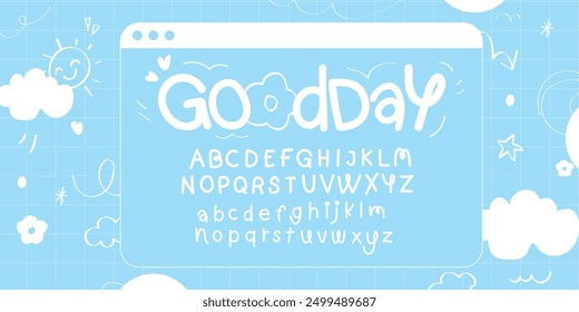 Nette handgezeichnete Buchstaben, Vektorsatz. Alphabet im Doodle-Stil mit Wolke, Sonne, Pfeil, Stern. Zeichentrickschrift für Veranstaltungen, Promotion, Logo, Banner, Monogramm, Poster, Aufkleber, Print.