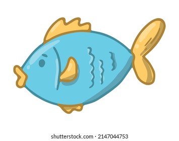 cute hand drawn light blue fish with yellow tail isolated on white background. Good for nursery posters, prints, cards, kids apparel decor, stickers, etc. Sea life doodle, clipart. EPS 10