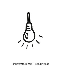 Cute hand drawn light bulb on. Idea icon. Funny element in trendy doodle style for card, social media banner, logo, sticker, print, decoration kids playroom. Vector illustration on white background.