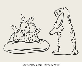 Cute hand drawn line art rabbit isolated on a transparent base, Happy Chinese new year logo