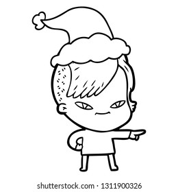 cute hand drawn line drawing of a girl with hipster haircut wearing santa hat