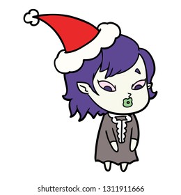 süße, handgezeichnete Linienzeichnung eines Vampirmädchens mit Santa-Hut
