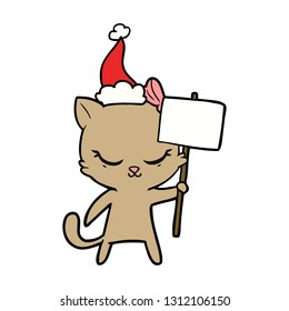 cute hand drawn line drawing of a cat with sign wearing santa hat
