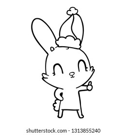 dibujo de una linea dibujada a mano linda con un conejo usando sombrero santa