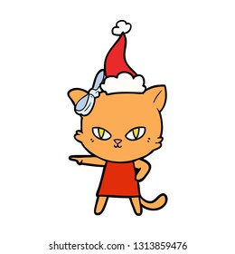 dibujo de una linea dibujada a mano lindo un gato que usa sombrero santa