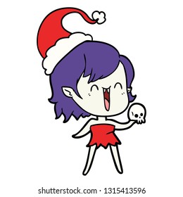dibujo de la línea dibujada a mano de una joven vampiresa feliz usando sombrero santa