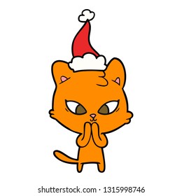 cute hand drawn line drawing of a cat wearing santa hat