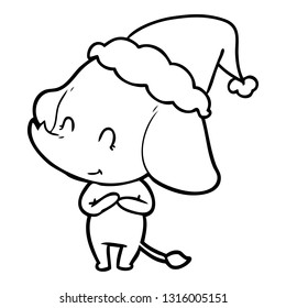 cute hand drawn line drawing of an elephant wearing santa hat