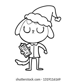 cute hand drawn line drawing of a dog wearing office shirt wearing santa hat