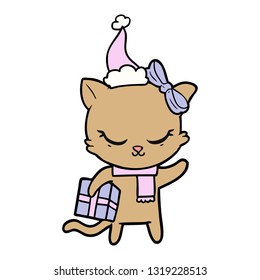 dibujo de una linea dibujada a mano linda con un gato con sombrero de santa presente
