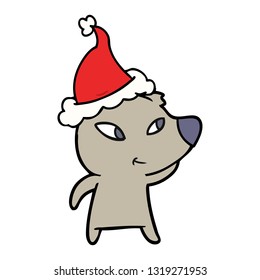 desenho de linha desenhado de mão bonito de um urso vestindo chapéu de Papai Noel