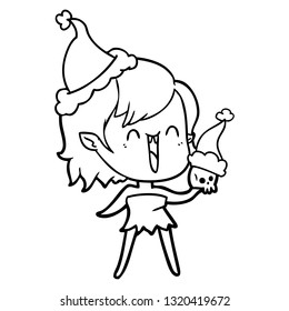 dibujo de la línea dibujada a mano de una joven vampiresa feliz usando sombrero santa