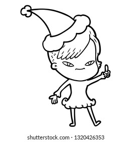 cute hand drawn line drawing of a girl with hipster haircut wearing santa hat